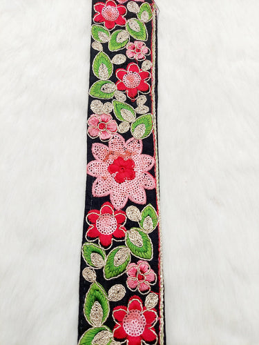 Black Silk Fabric Embroidered Trim, Floral Embroidery Indian Sari Border Trim By Yard Decorative Trim Craft Lace, Sequins Trim